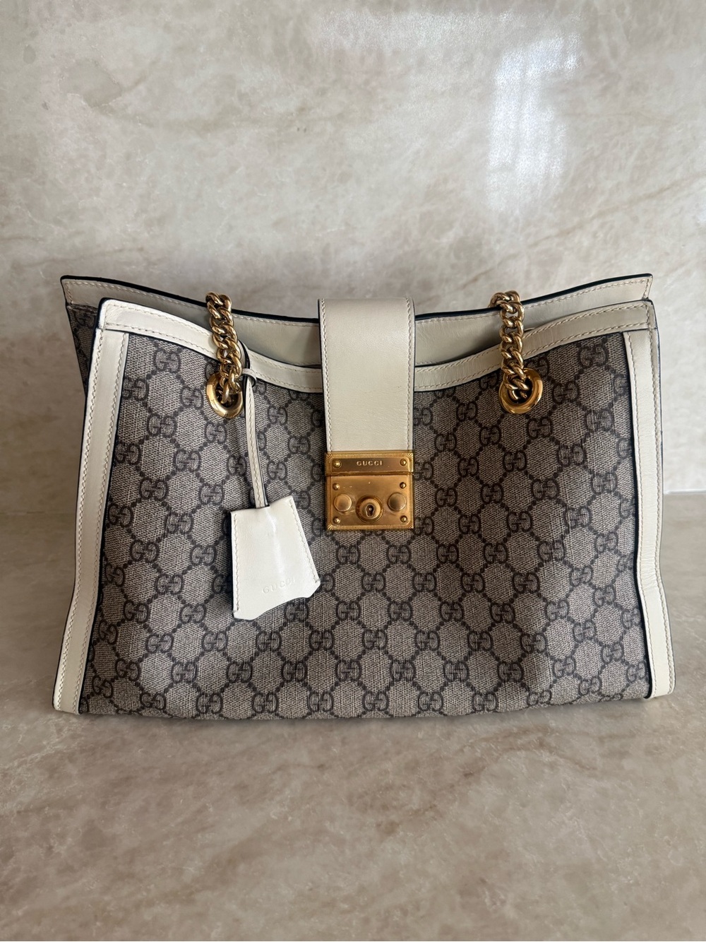 Gucci Beige Monogram Tote with White Trim and Gold Hardware